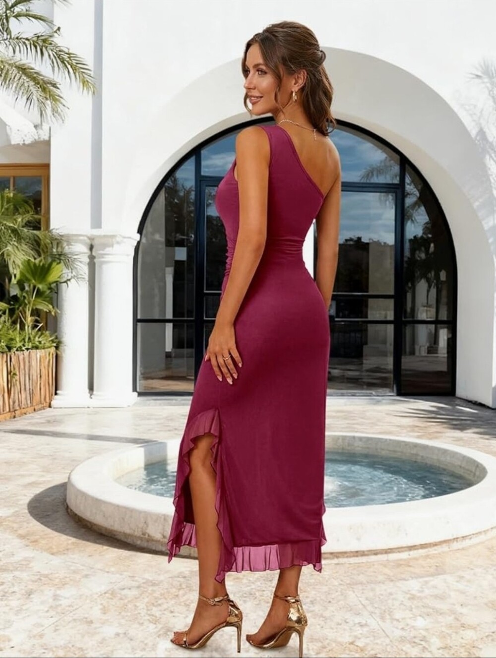 One-Shoulder Wine Ruffle-Slit Maxi Dress - Picture 6 of 6